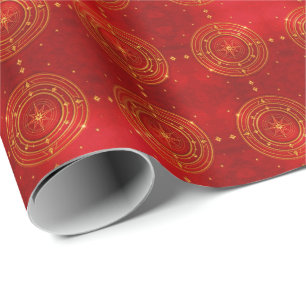 Papel De Regalo Patrón de brújula dorada y estrellas rojas