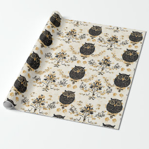Papel De Regalo Patrón de búho beige vintage de la naturaleza