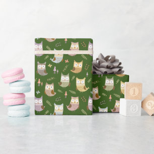 Papel De Regalo Patrón de búho de Woodland, verde de los niños