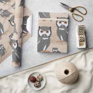 Papel De Regalo Patrón de búho y madera rústica