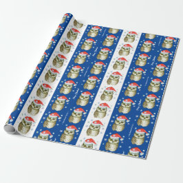 Papel De Regalo Patrón de búhos en Navidades Santa Hats, azul