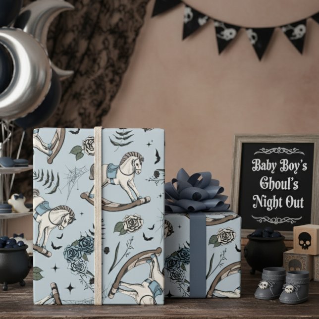 Papel De Regalo Patrón de caballo azul gótico floral francés (Gothic Halloween Boy Baby Shower Wrapping Paper. Blue Spooky Vintage Rocking Horse & Roses Pattern)