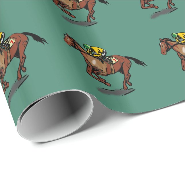 Papel De Regalo Patrón de caballo y jockey Verde oscuro (Esquina del rollo)