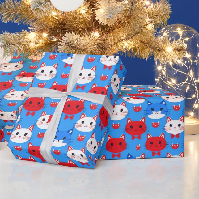 Papel De Regalo Patrón de cabezas de gato rojo blanco azul lindo N (Vacaciones)