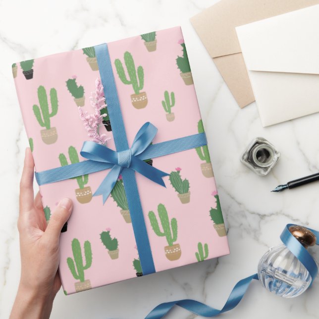 Papel De Regalo Patrón de cactus de corte verde sobre rosa (Regalar)