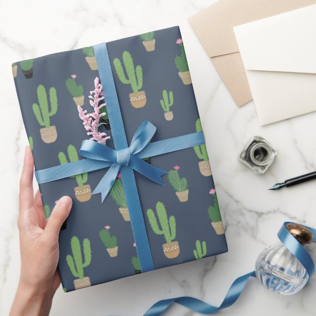 Papel De Regalo Patrón De Cactus Verde Cubierto En Azul (Regalar)