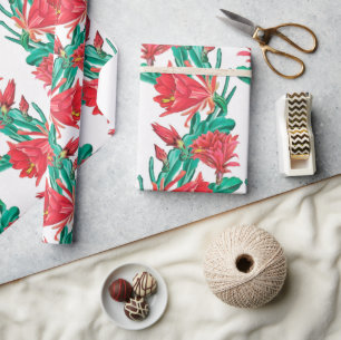 Papel De Regalo Patrón de Cactus Verde Rojo Blooming