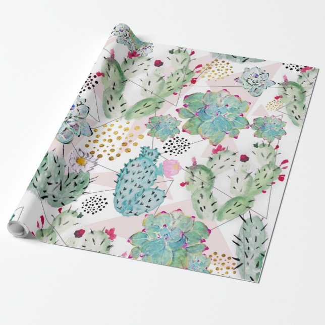 Papel De Regalo patrón de cactus y triángulos de acuarela (Desenrollado)