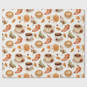 Papel De Regalo Patrón de café y pastel de otoño con hojas en cáli