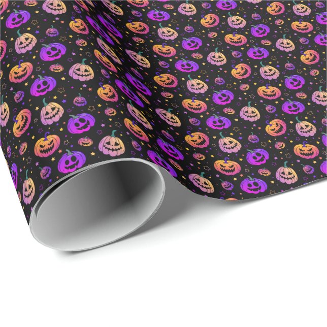 Papel De Regalo Patrón de calabaza de neón de Halloween (Esquina del rollo)