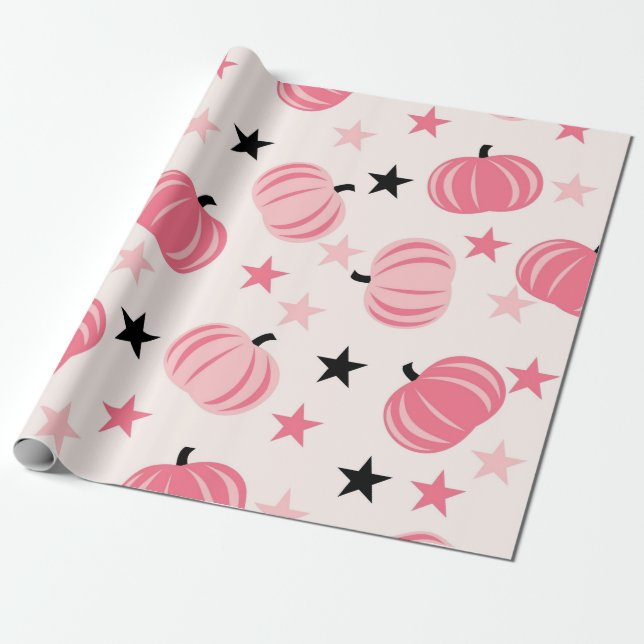 Papel De Regalo Patrón De Calabaza Rosa Con Estrellas (Desenrollado)