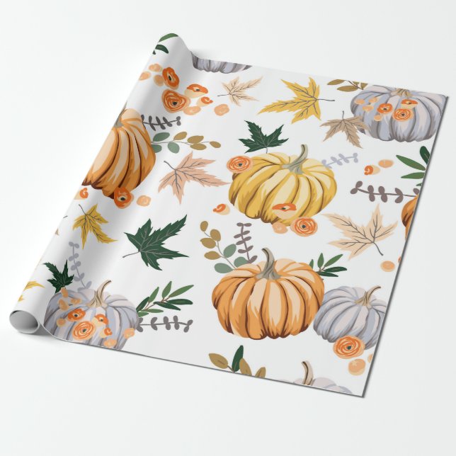 Papel De Regalo Patrón de calabaza y flores del naranja de otoño (Desenrollado)