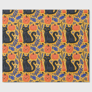 Papel De Regalo Patrón de calabazas gatos negros de Halloween