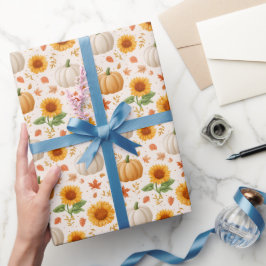 Papel De Regalo Patrón de calabazas otoñales y girasoles de color 