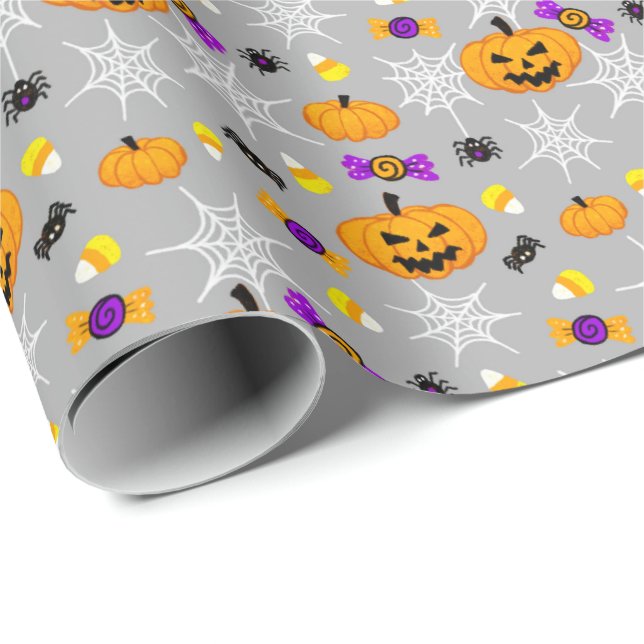 Papel De Regalo Patrón de calabazas y arañas de Halloween (Esquina del rollo)