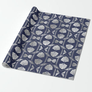 Papel De Regalo Patrón de caparazón azul y plateado art decó de