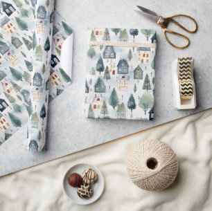 Papel De Regalo Patrón de casas de color de agua de invierno de Na