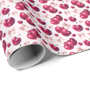 Papel De Regalo Patrón de cereza coquette con lazo rosa Estética 