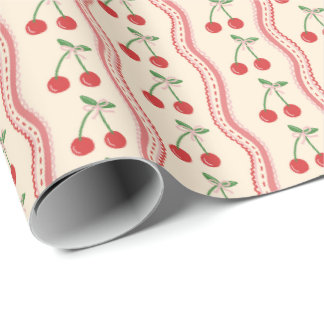 Papel De Regalo Patrón de cereza crema con rayas onduladas rosadas