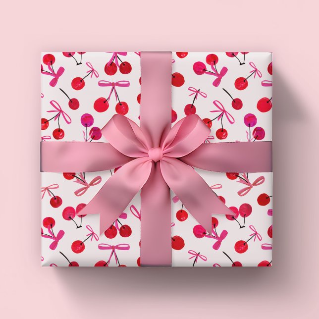 Papel De Regalo Patrón de cerezas y arcos (Coquette cherry and bow girly pattern wrapping paper rolls. Great for girls birthday or baby shower.)
