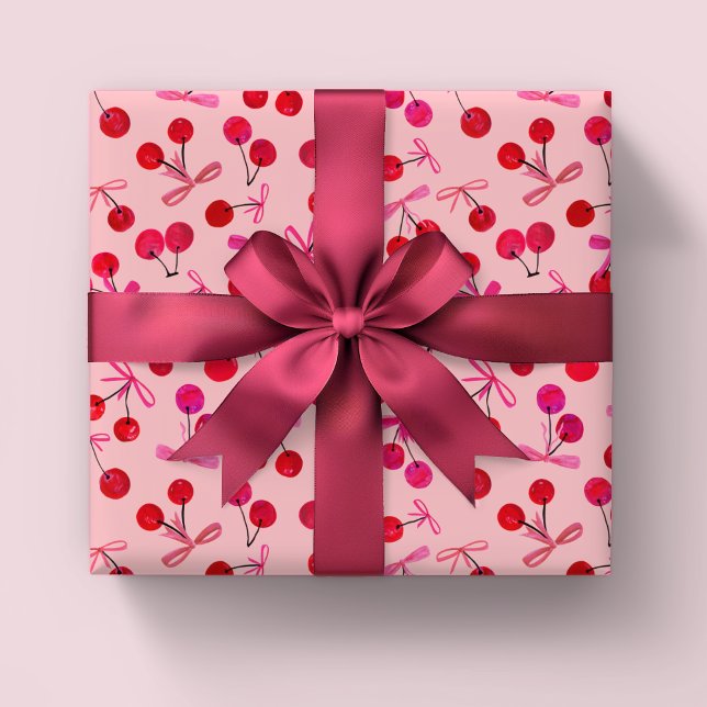 Papel De Regalo Patrón de cerezas y arcos (Coquette cherry & bow girly pink wrapping paper rolls. Great for girls birthday or baby shower.)