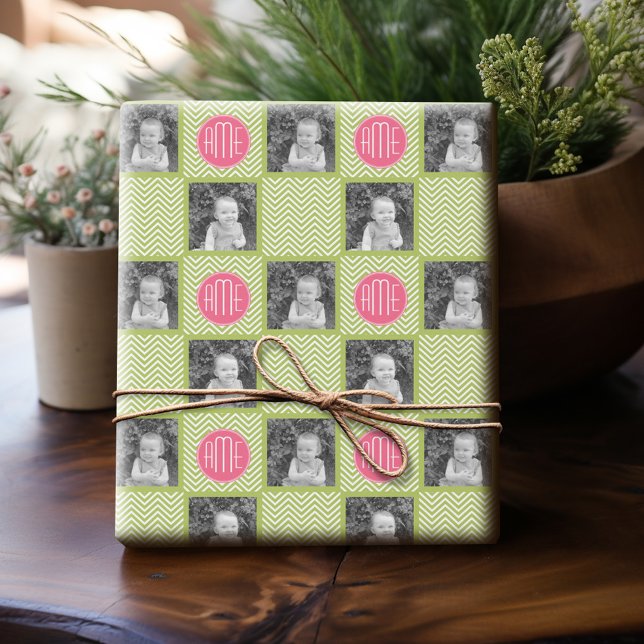 Papel De Regalo Patrón de cheurón limón con monograma Personalizad (Personalized Photo Wrapping Paper)