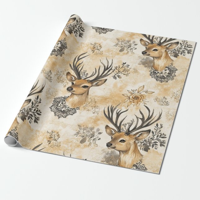 Papel De Regalo Patrón de Ciervo Bosque Rústico (Desenrollado)
