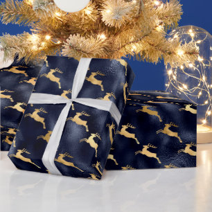 Papel De Regalo Patrón de ciervo de Navidad Glam Azul Marino con H