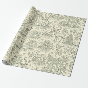 Papel De Regalo Patrón de ciervo de Toile verde de campo francés