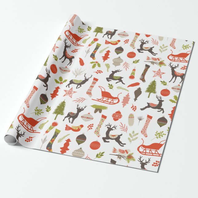 Papel De Regalo Patrón de ciervo y naturaleza de Navidades rústico (Desenrollado)