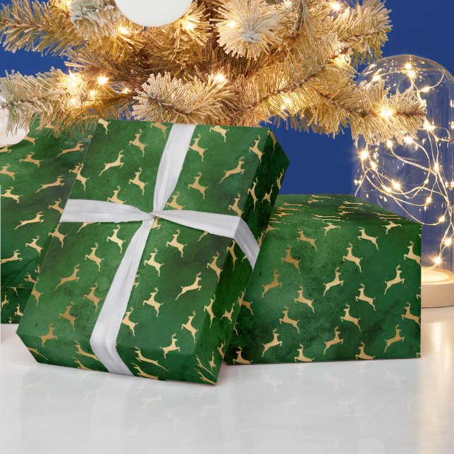 Papel De Regalo Patrón de ciervos navidades Oro verde (Vacaciones)