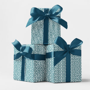 Papel De Regalo Patrón de clave griega de teal oscuro y blanco
