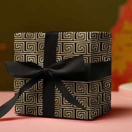 Papel De Regalo Patrón de claves griega negro y dorado