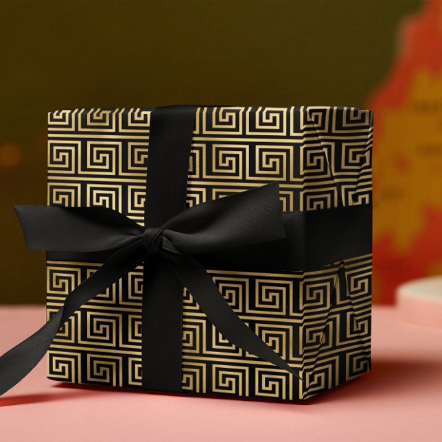 Papel De Regalo Patrón de claves griega negro y dorado (Subido por el creador)