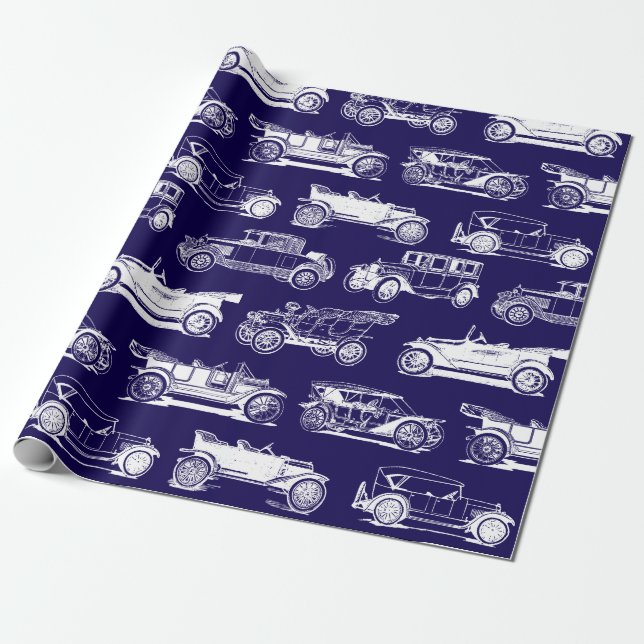 Papel De Regalo Patrón de coche de época azul blanco (Desenrollado)
