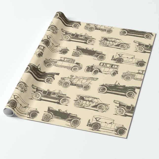 Papel De Regalo Patrón de coche de época beige marrón antiguo (Desenrollado)