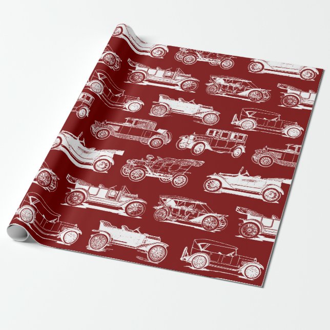 Papel De Regalo Patrón de coche de época roja blanca (Desenrollado)