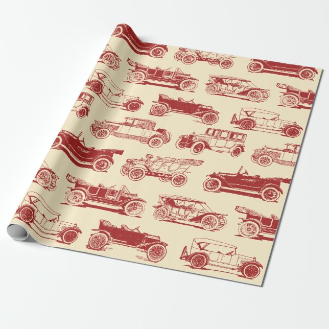 Papel De Regalo Patrón de coche de época roja pekinesa (Desenrollado)
