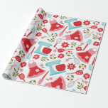 Papel De Regalo Patrón de cocinas antiguas rojo y azul<br><div class="desc">Patrón retro de moda con diversos artículos de cocina como licuadoras,  delantales,  utensilios y algunos florales tirados por ahí.  Perfecto para proyectos de ducha de boda o de novia.</div>