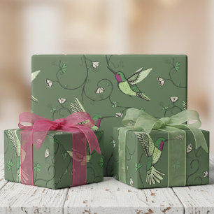 Papel De Regalo Patrón de colibrí de vid de trébol verde oliva