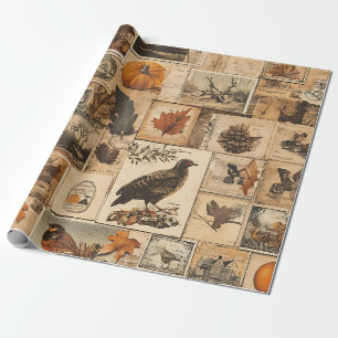 Papel De Regalo Patrón de Collage de Otoño Vintage   Efímera Rústi