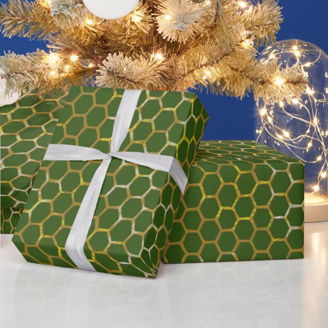 Papel De Regalo Patrón de colmena de hexágono de oro verde festivo (Vacaciones)