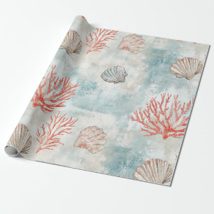 Papel De Regalo Patrón de concha de mar Aqua de cabaña costera