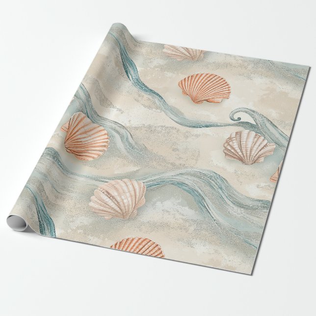 Papel De Regalo Patrón de conchas de casa de playa (Desenrollado)
