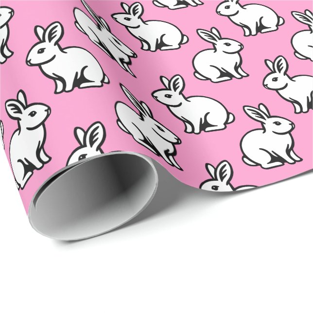 Papel De Regalo Patrón de conejos - Blanco y negro con rosa (Esquina del rollo)