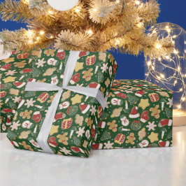 Papel De Regalo Patrón de cookie de pan de jengibre sobre verde os
