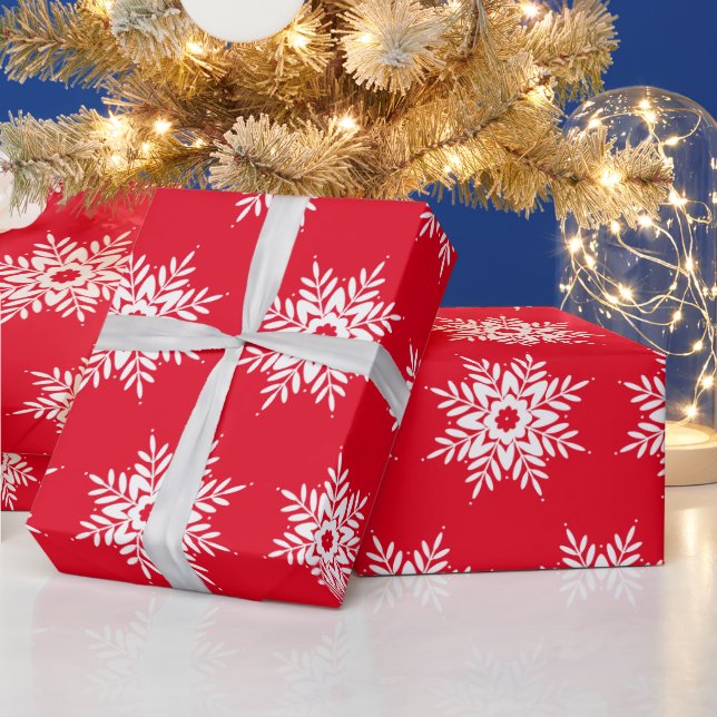 Papel De Regalo Patrón de copo de nieve blanco rojo (Vacaciones)