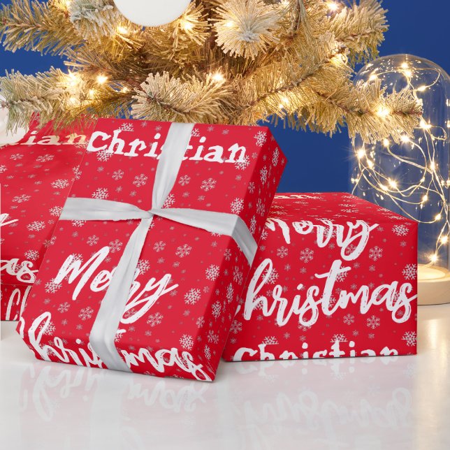 Papel De Regalo Patrón de copo de nieve blanco rojo Feliz Navidad (Vacaciones)