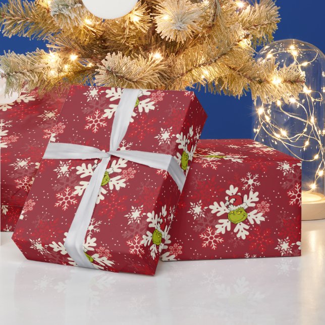 Papel De Regalo Patrón de copo de nieve rojo Grinch (Vacaciones)