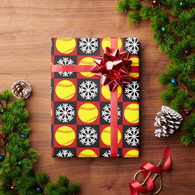 Papel De Regalo Patrón de copo de nieve rojo y negro de softbol de (Regalo de vacaciones)